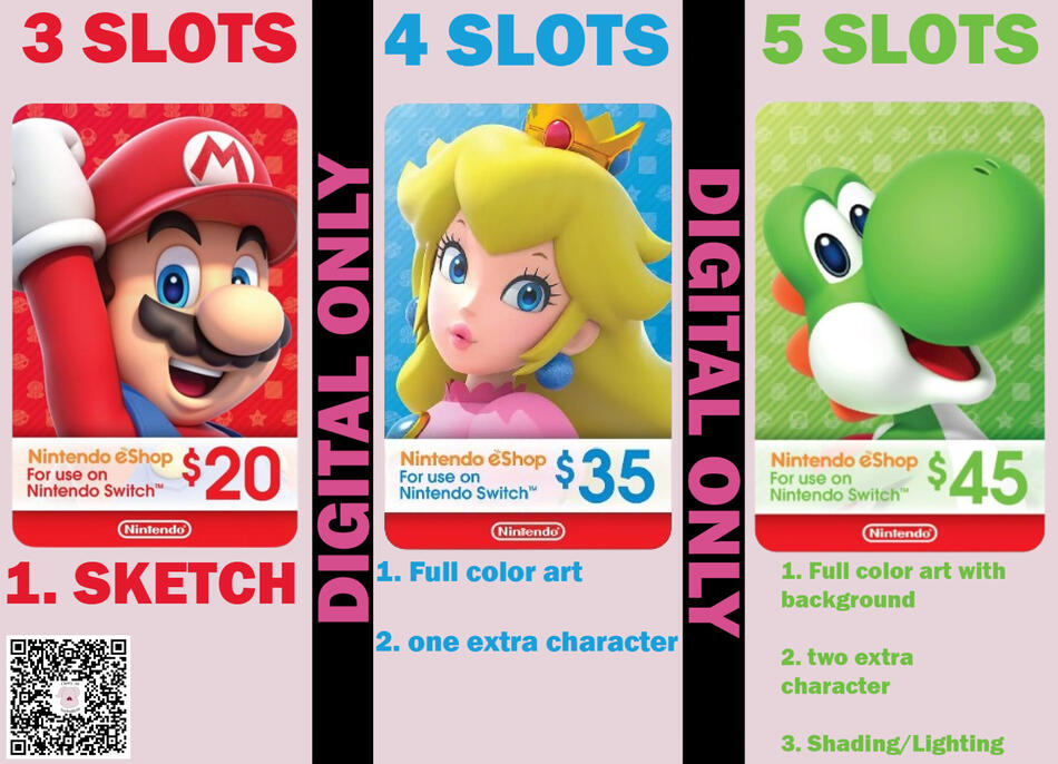 Here is my gift card price sheet. Just note that the Nintendo Eshop gift card are region lock, so I only take USD Nintendo Eshop gift card. These gift cards have a few slot, so be sure to buy them before they're gone, I'll be updating them once someone mak